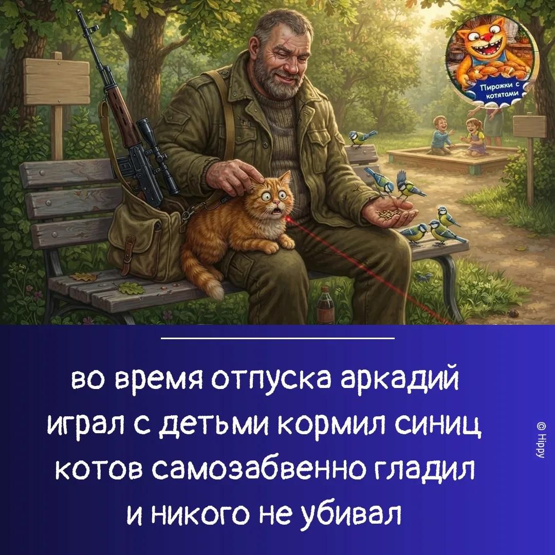 во время отпуска аркадий играл с детьми кормил синиц котов самозабвенно гладил и никого не убивал