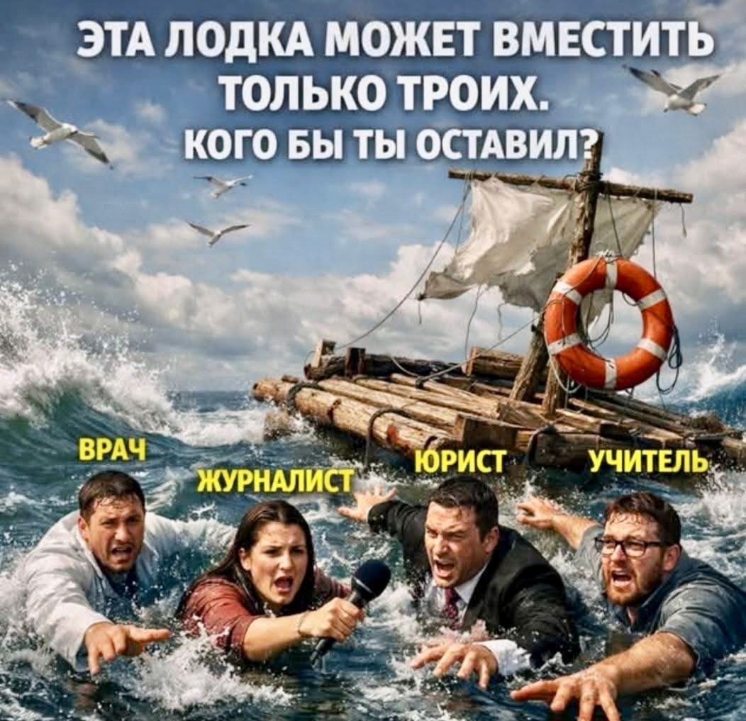 ЭТА ЛОДКА МОЖЕТ ВМЕСТИТЬ ТОЛЬКО ТРОИХ. КОГО БЫ ТЫ ОСТАВИЛ? ВРАЧ, ЖУРНАЛИСТ, ЮРИСТ, УЧИТЕЛЬ