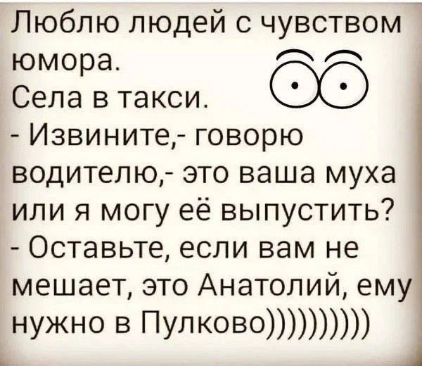 Люблю людей с чувством юмора. Села в такси. - Извините, - говорю водителю, - это ваша муха или я могу её выпустить? - Оставьте, если вам не мешает, это Анатолий, ему нужно в Пулково))))))))))