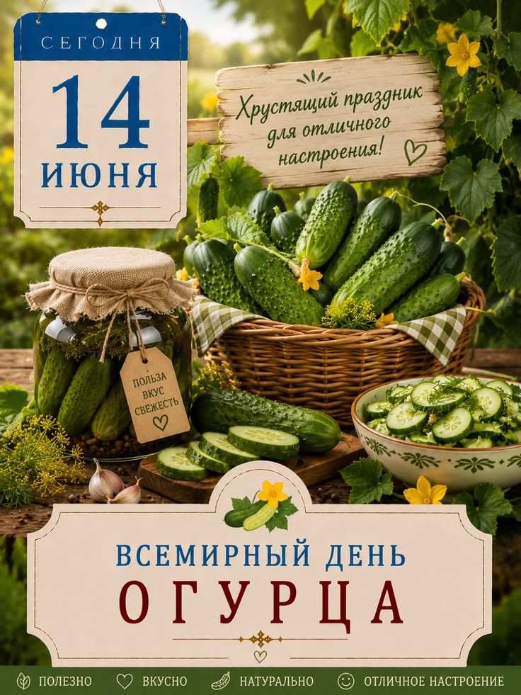 СЕГОДНЯ 14 ИЮНЯ Хрустящий праздник для отличного настроения! ПОЛЬЗА ВКУС СВЕЖЕСТЬ ВСЕМИРНЫЙ ДЕНЬ ОГУРЦА ПОЛЕЗНО ВКУСНО НАТУРАЛЬНО ОТЛИЧНОЕ НАСТРОЕНИЕ