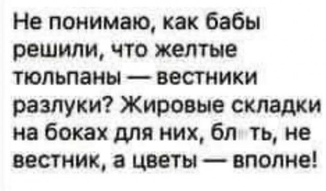 Не понимаю, как бабы решили, что желтые тюльпаны — вестники разлуки? Жировые складки на боках для них, бл*ть, не вестник, а цветы — вполне!