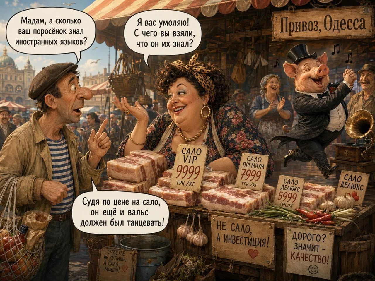 Привоз, Одесса. Мадам, а сколько ваш поропёнок знал иностранных языков? Я вас умоляю! С чего вы взяли, что он их знал? Судя по цене на сало, он ещё и вальс должен был танцевать! САЛО VIP 9999 ГРН./КГ. САЛО ПРЕМИУМ 7999 ГРН./КГ. САЛО ДЕЛЮКС 5999 ГРН./КГ. НЕ САЛО, А ИНВЕСТИЦИЯ! ДОРОГО? ЗНАЧИТ - КАЧЕСТВО! СЧАСТЬЕ НЕ КУПИШЬ, А САЛО - МОЖНО!