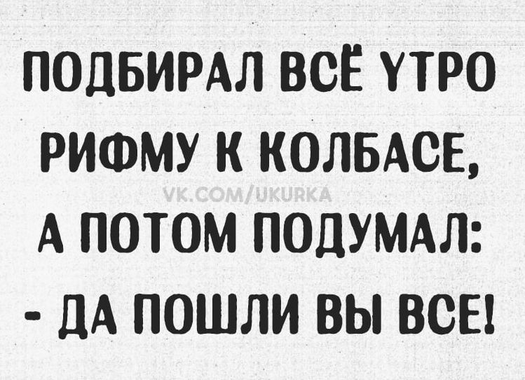 ПОДБИРАЛ ВСЁ УТРО РИФМУ К КОЛБАСЕ, А ПОТОМ ПОДУМАЛ: - ДА ПОШЛИ ВЫ ВСЕ!