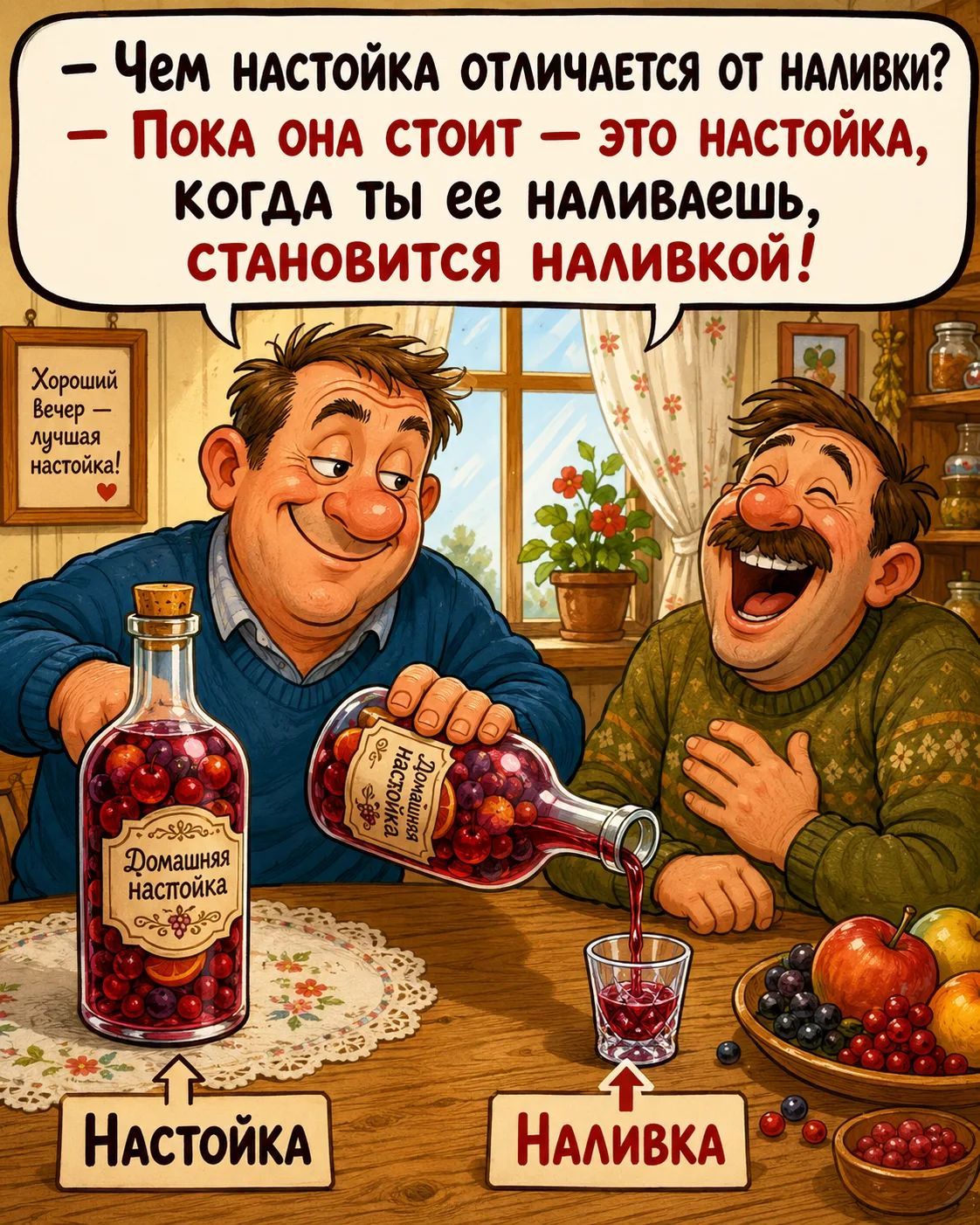 — Чем настойка отличается от наливки? — Пока она стоит — это настойка, когда ты ее наливаешь, становится наливкой! Хороший вечер — лучшая настойка! Домашняя настойка, Настойка, Наливка