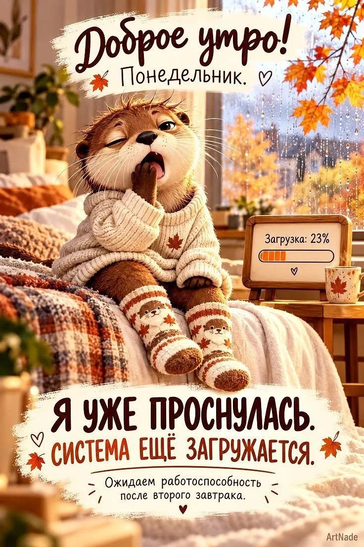 Доброе утро! Понедельник. Загрузка: 23%. Я уже проснулась. Система ещё загружается. Ожидаем работоспособность после второго завтрака. ArtNade