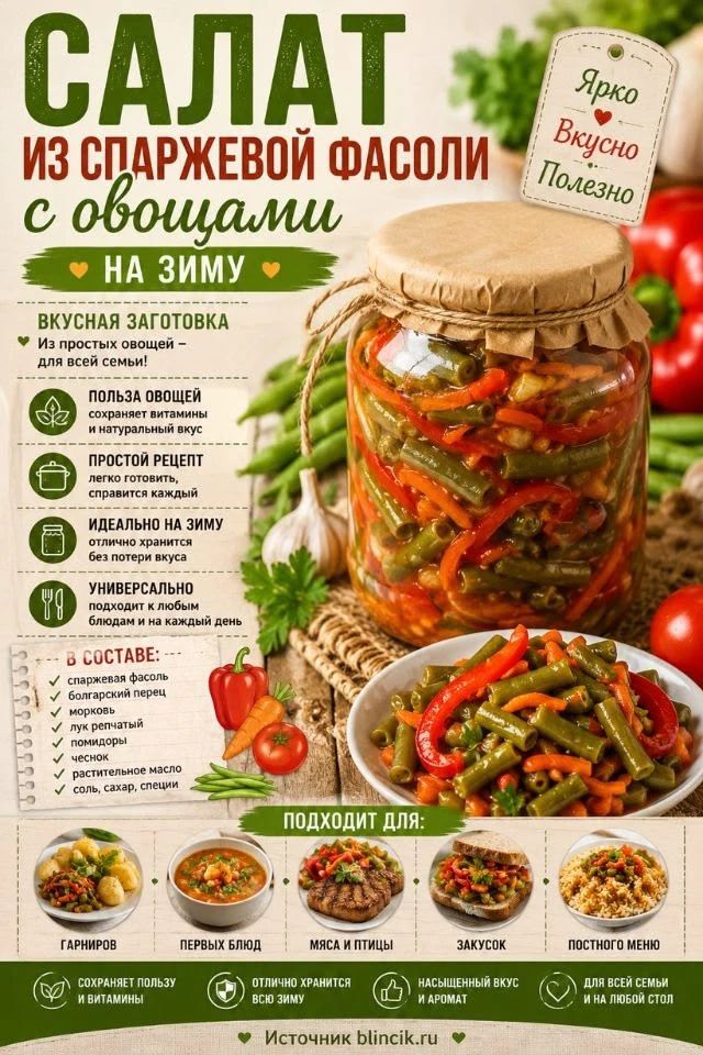 САЛАТ ИЗ СПАРЖЕВОЙ ФАСОЛИ С ОВОЩАМИ НА ЗИМУ Ярко Вкусно Полезно ВКУСНАЯ ЗАГОТОВКА Из простых овощей – для всей семьи! ПОЛЬЗА ОВОЩЕЙ сохраняет витамины и натуральный вкус ПРОСТОЙ РЕЦЕПТ легко готовить, справится каждый ИДЕАЛЬНО НА ЗИМУ отлично хранится без потери вкуса УНИВЕРСАЛЬНО подходит к любым блюдам и на каждый день В СОСТАВЕ: спаржевая