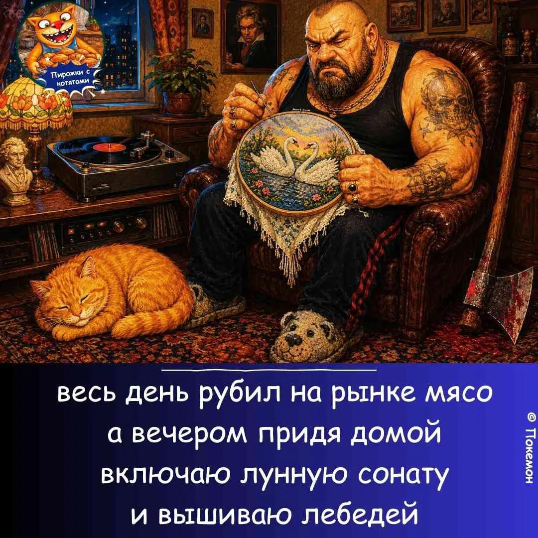 весь день рубил на рынке мясо а вечером придя домой включаю лунную сонату и вышиваю лебедей Пирожки с котятами © Покемон
