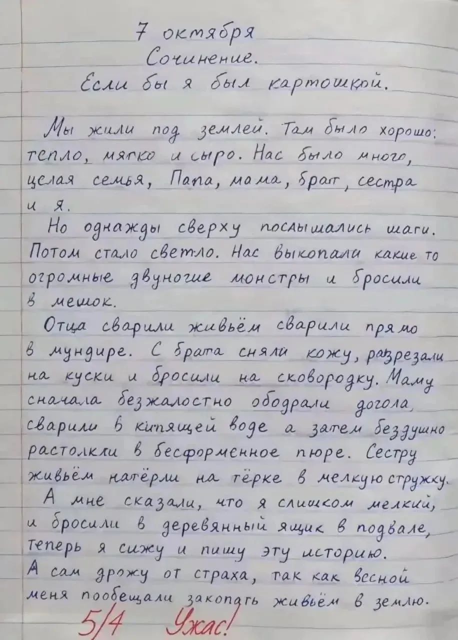 7 октября Сочинение. Если бы я был картошкой. Мы жили под землей. Там было хорошо: тепло, мягко и сыро. Нас было много, целая семья, Папа, мама, брат, сестра и я. Но однажды сверху послышались шаги. Потом стало светло. Нас выкопали какие то огромные двуногие монстры и бросили в мешок. Отца сварили живём сварили прямо в мундире. С брата сняли кожу,