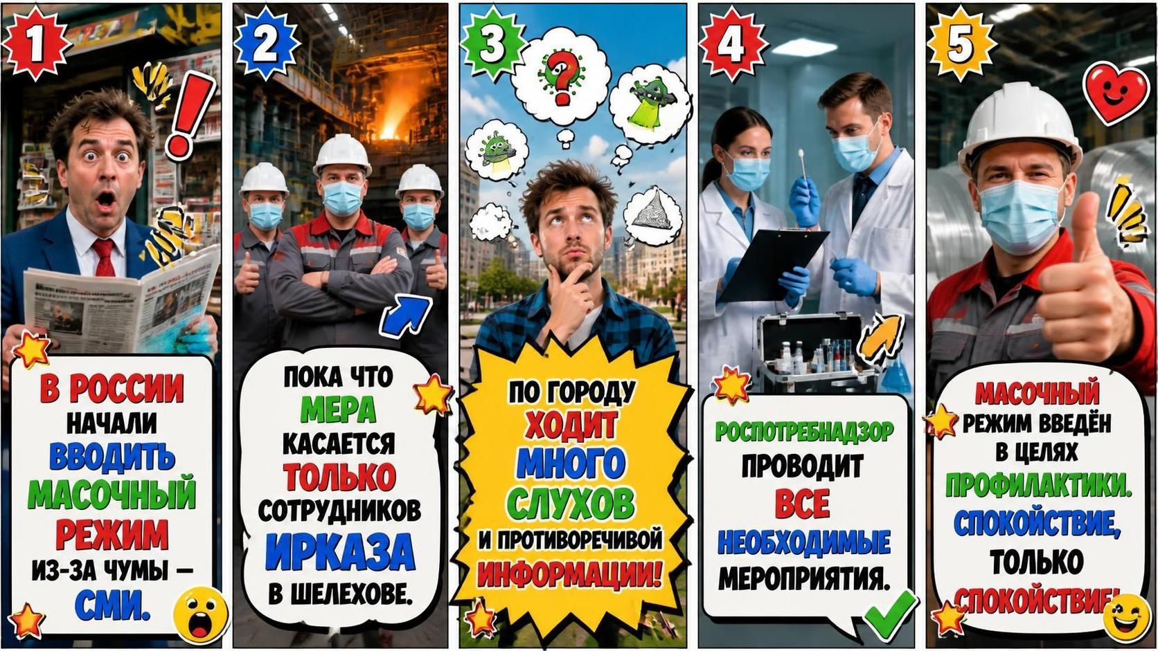 1. В россии начали вводить масочный режим из-за чумы - СМИ. 2. Пока что мера касается только сотрудников ИРКАЗа в Шелехове. 3. По городу ходит много слухов и противоречивой информации! 4. Роспотребнадзор проводит все необходимые мероприятия. 5. Масочный режим введён в целях профилактики. Спокойствие, только спокойствие!