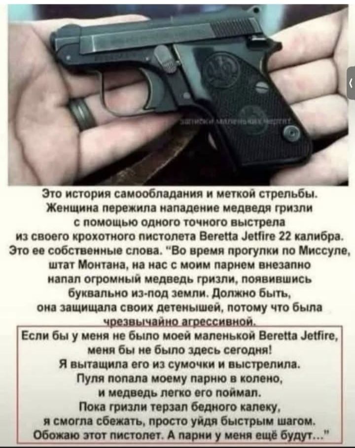 Это история самообладания и меткой стрельбы. Женщина пережила нападение медведя гризли с помощью одного точного выстрела из своего крохотного пистолета Beretta Jetfire 22 калибра. Это ее собственные слова. 