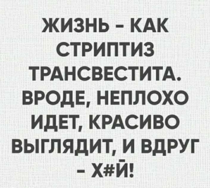 ЖИЗНЬ – КАК СТРИПТИЗ ТРАНСВЕСТИТА. ВРОДЕ, НЕПЛОХО ИДЕТ, КРАСИВО ВЫГЛЯДИТ, И ВДРУГ – Х#Й!