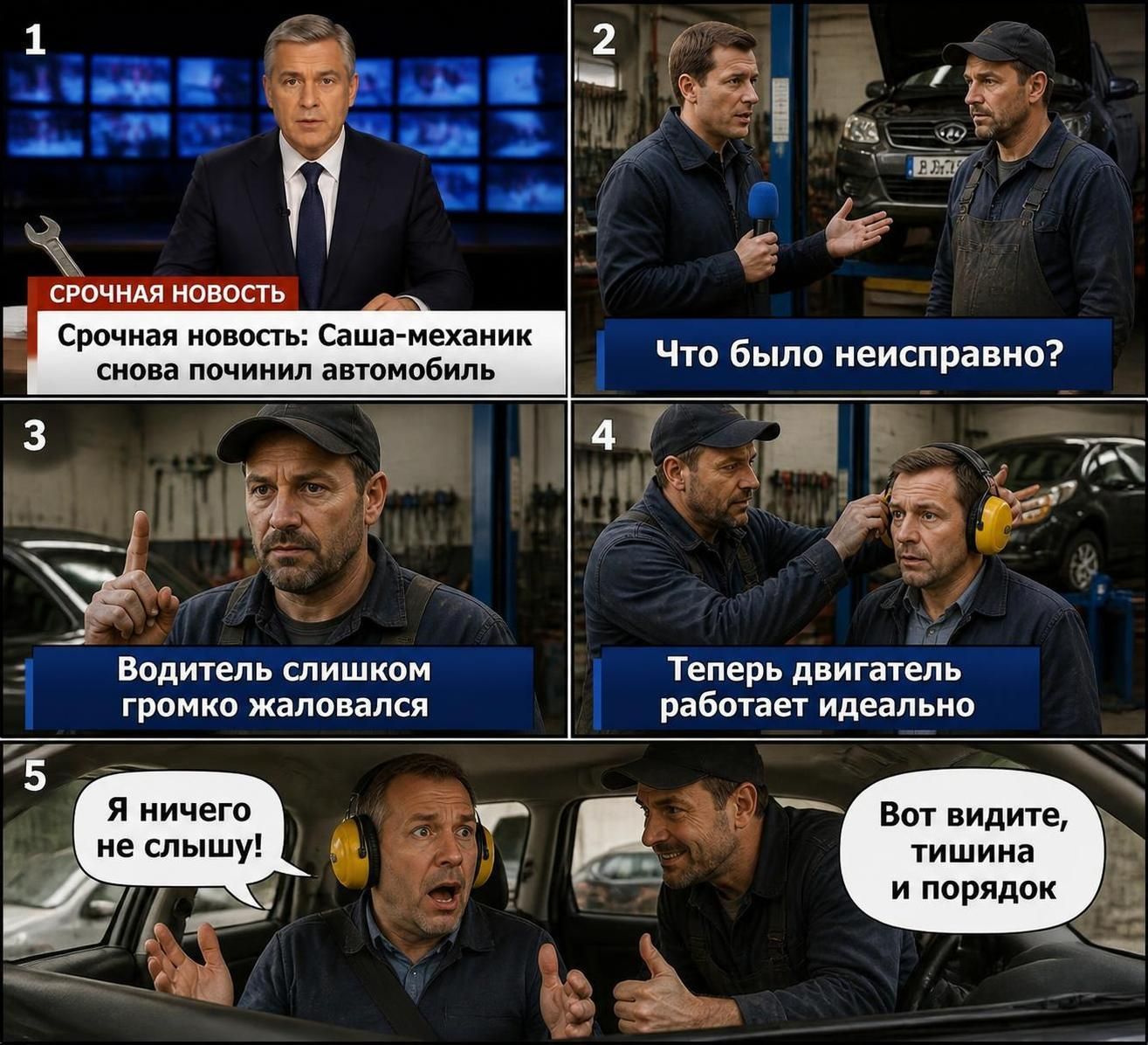 Срочная новость: Саша-механик снова починил автомобиль. Что было неисправно? Водитель слишком громко жаловался. Теперь двигатель работает идеально. Я ничего не слышу! Вот видите, тишина и порядок