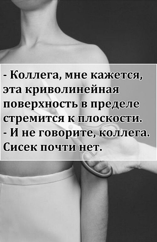 - Коллега, мне кажется, эта криволинейная поверхность в пределе стремится к плоскости.
- И не говорите, коллега. Сисек почти нет.