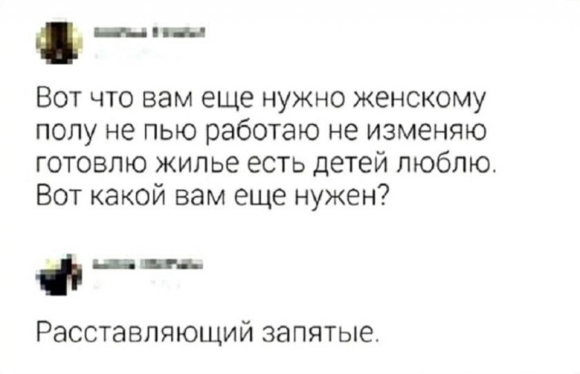 Вот что вам еще нужно женскому полу не пью работаю не изменяю готовлю жилье есть детей люблю. Вот какой вам еще нужен? Расставляющий запятые.