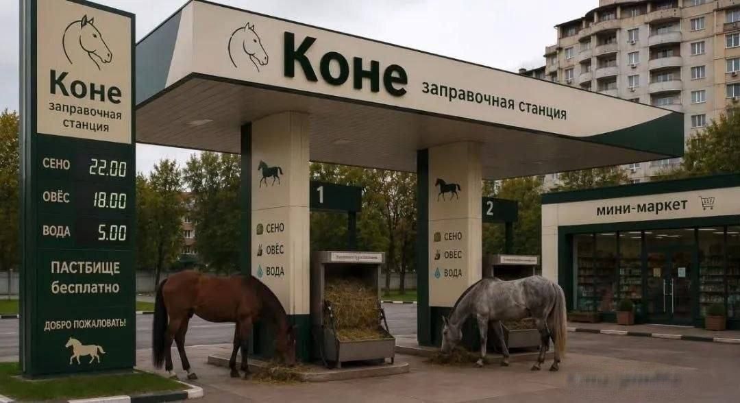 Коне заправочная станция СЕНО 22.00 ОВЁС 18.00 ВОДА 5.00 ПАСТБИЩЕ бесплатно ДОБРО ПОЖАЛОВАТЬ! мини-маркет