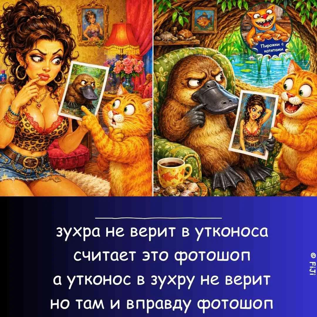 зухра не верит в утконоса считает это фотошоп а утконос в зухру не верит но там и вправду фотошоп Пирожки с котятами