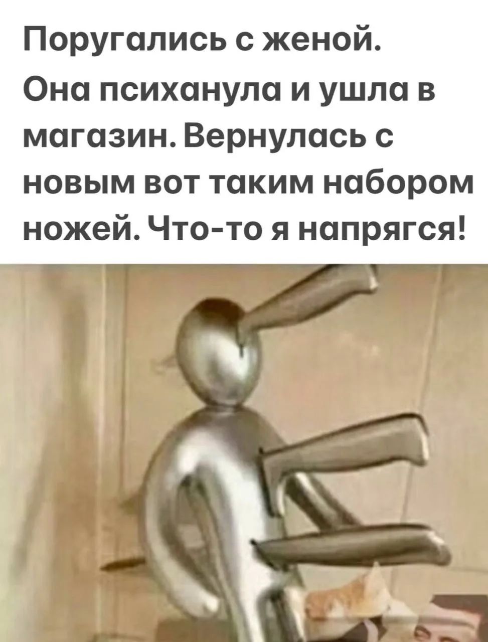 Поругались с женой. Она психанула и ушла в магазин. Вернулась с новым вот таким набором ножей. Что-то я напрягся!