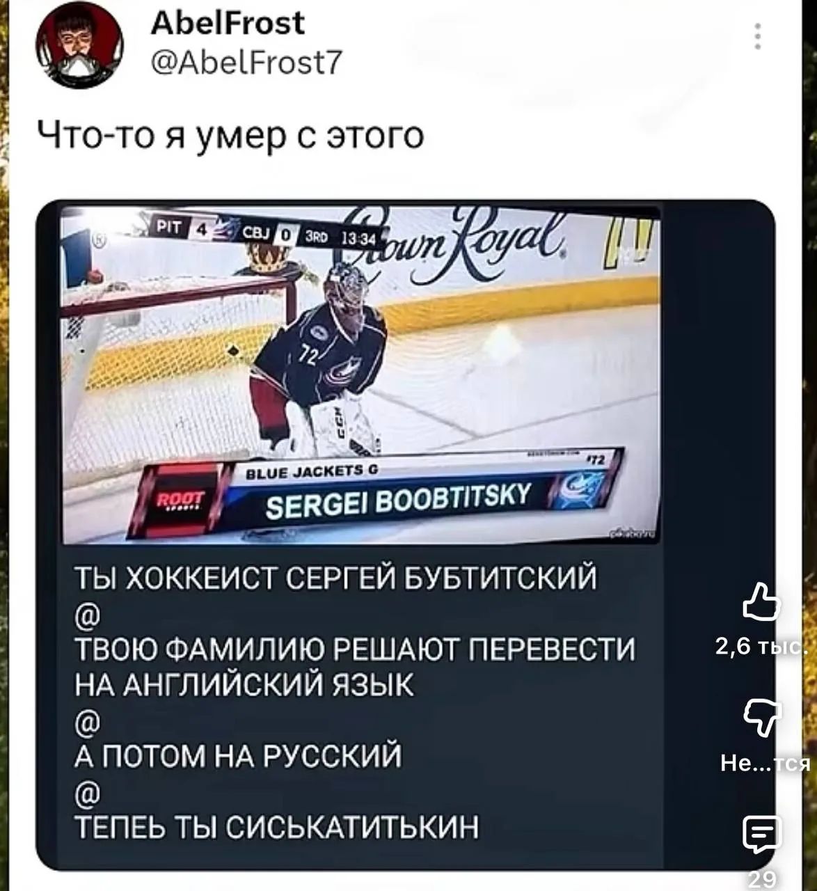 Что-то я умер с этого. ТЫ ХОККЕИСТ СЕРГЕЙ БУБТИТСКИЙ. ТВОЮ ФАМИЛИЮ РЕШАЮТ ПЕРЕВЕСТИ НА АНГЛИЙСКИЙ ЯЗЫК. А ПОТОМ НА РУССКИЙ. ТЕПЕРЬ ТЫ СИСЬКАТИТЬКИН.