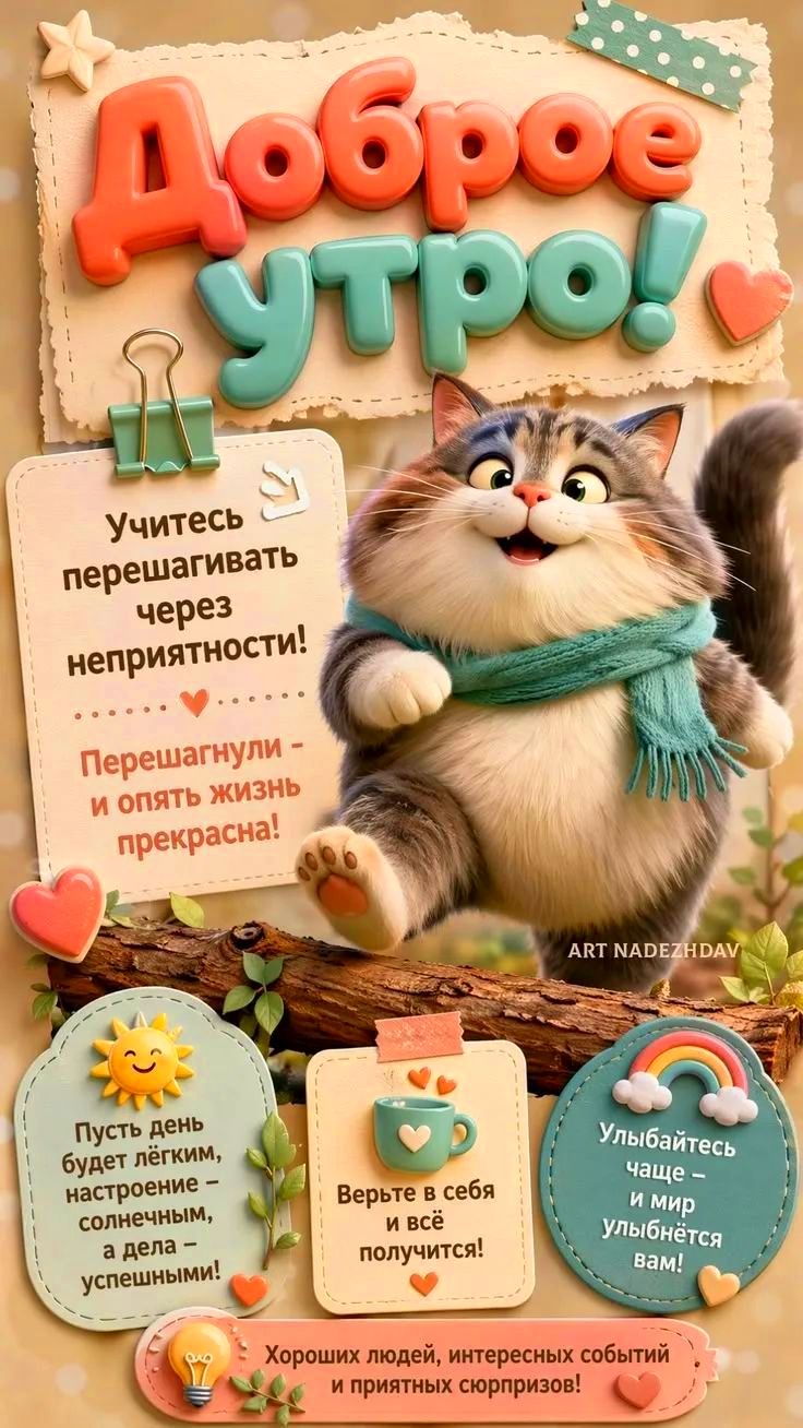 Доброе утро! Учитесь перешагивать через неприятности! Перешагнули - и опять жизнь прекрасна! ART NADEZHDAV. Пусть день будет лёгким, настроение - солнечным, а дела - успешными! Верьте в себя и всё получится! Улыбайтесь чаще - и мир улыбнётся вам! Хороших людей, интересных событий и приятных сюрпризов!