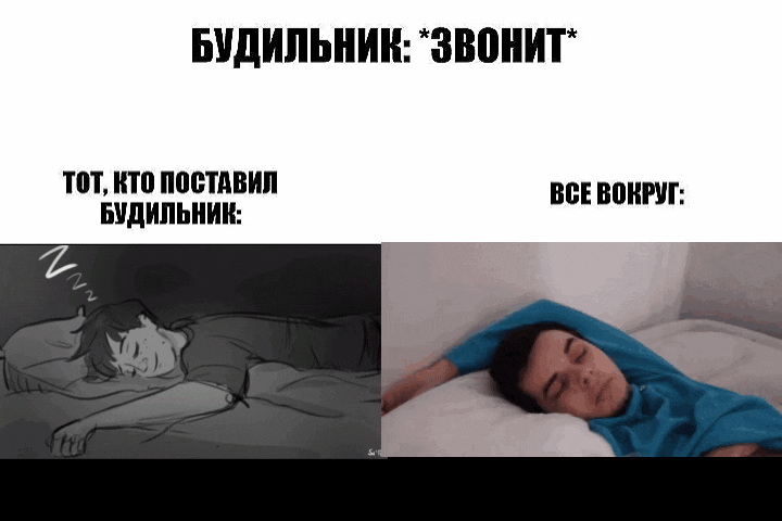 Будильник: *звонит*. Тот, кто поставил будильник: (спит). Все вокруг: (спят).