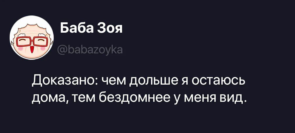Баба Зоя @babazoyka Доказано: чем дольше я остаюсь дома, тем бездомнее у меня вид.