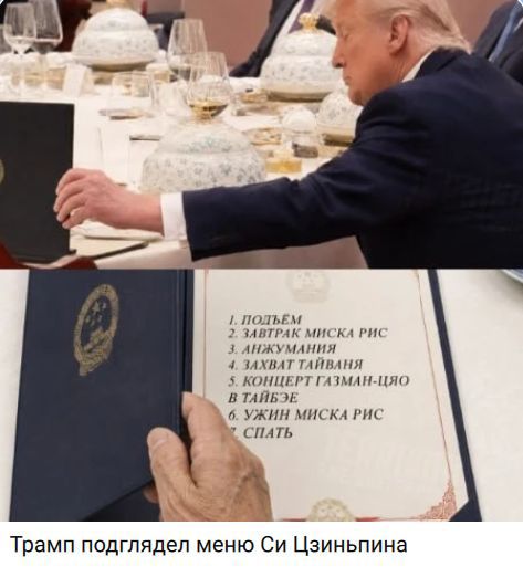 Трамп подглядел меню Си Цзиньпина. 1. Подъем 2. Завтрак миска рис 3. Анжумания 4. Захват Тайваня 5. Концерт Газман-Цяо в Тайбэе 6. Ужин миска рис 7. Спать