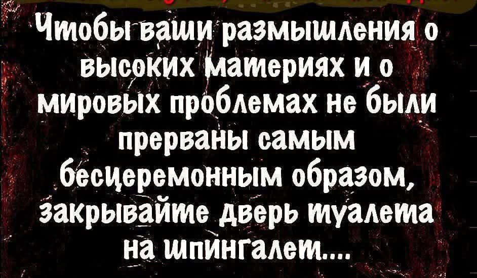 Чтобы ваши размышления о высоких материях и о мировых проблемах не были прерваны самым бесцеремонным образом, закрывайте дверь туалета на шпингалет....