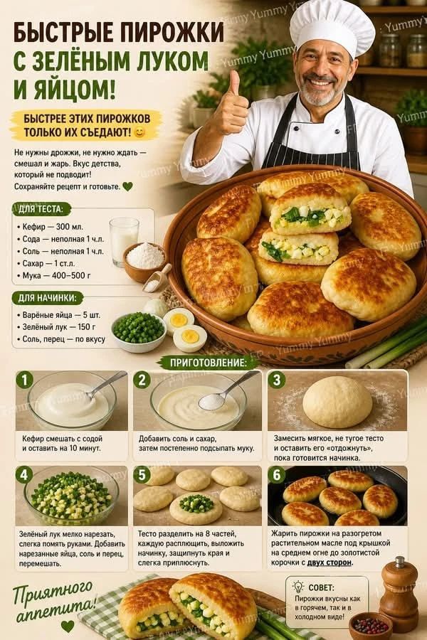 БЫСТРЫЕ ПИРОЖКИ С ЗЕЛЁНЫМ ЛУКОМ И ЯЙЦОМ! БЫСТРЕЕ ЭТИХ ПИРОЖКОВ ТОЛЬКО ИХ СЪЕДАЮТ! Не нужны дрожжи, не нужно ждать — смешал и жарь. Вкус детства, который не подводит! Сохраняйте рецепт и готовьте. ДЛЯ ТЕСТА: Кефир – 300 мл. Сода – неполная 1 ч.л. Соль – неполная 1 ч.л. Сахар – 1 ст.л. Мука – 400-500 г. ДЛЯ НАЧИНКИ: Варёные яйца – 5 шт. Зелёный лук