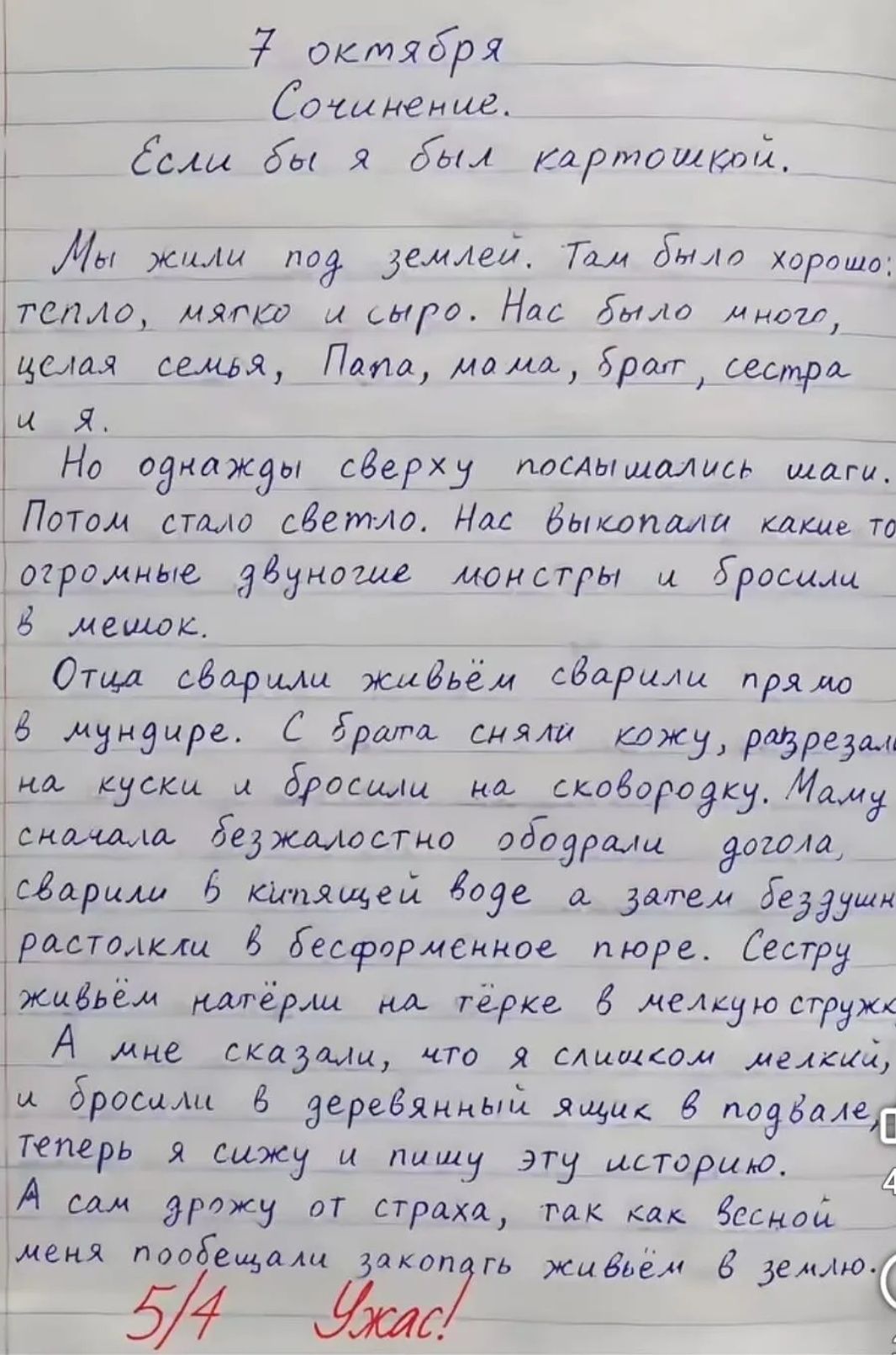 7 октября Сочинение. Если бы я был картошкой. Мы жили под землей. Там было хорошо: тепло, мягко и сыро. Нас было много, целая семья, папа, мама, брат, сестра и я. Но однажды сверху послышались шаги. Потом стало светло. Нас выкопали какие-то огромные двуногие монстры и бросили в мешок. Отца сварили живём, сварили прямо в мундире. С брата сняли