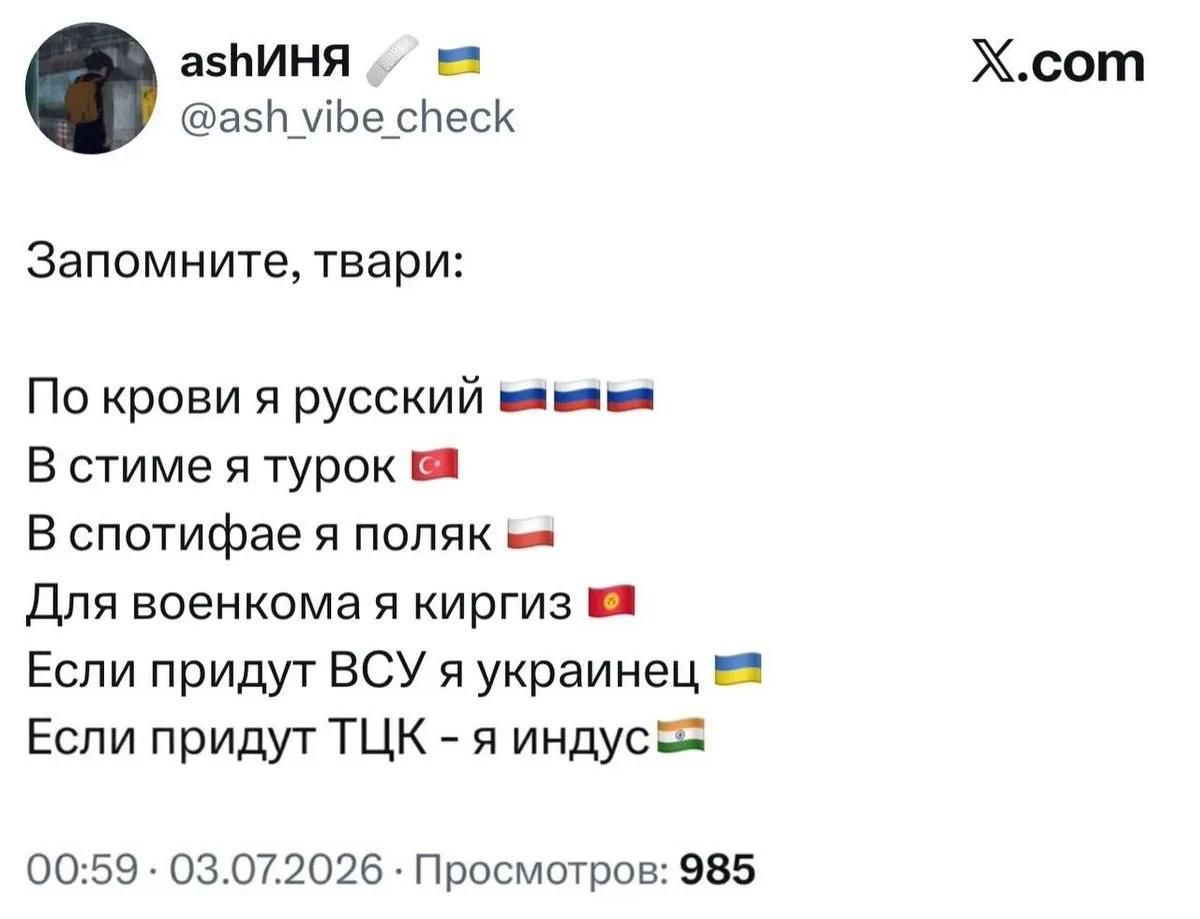 Запомните, твари: По крови я русский 🇷🇺🇷🇺🇷🇺 В стиме я турок 🇹🇷 В спотифае я поляк 🇵🇱 Для военкома я киргиз 🇰🇬 Если придут ВСУ я украинец 🇺🇦 Если придут ТЦК - я индус 🇮🇳