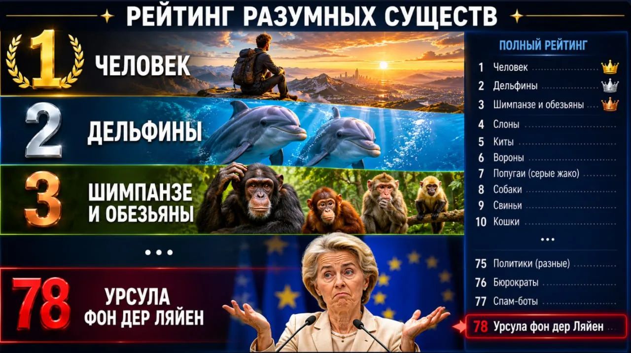 РЕЙТИНГ РАЗУМНЫХ СУЩЕСТВ 1 ЧЕЛОВЕК 2 ДЕЛЬФИНЫ 3 ШИМПАНЗЕ И ОБЕЗЬЯНЫ ПОЛНЫЙ РЕЙТИНГ 1 Человек 2 Дельфины 3 Шимпанзе и обезьяны 4 Слоны 5 Киты 6 Вороны 7 Попугаи (серые жако) 8 Собаки 9 Свиньи 10 Кошки 75 Политики (разные) 76 Бюрократы 77 Спам-боты 78 УРСУЛА ФОН ДЕР ЛЯЙЕН 78 Урсула фон дер Ляйен