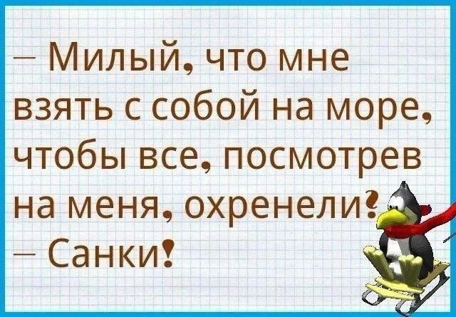 — Милый, что мне взять с собой на море, чтобы все, посмотрев на меня, охренели? — Санки!