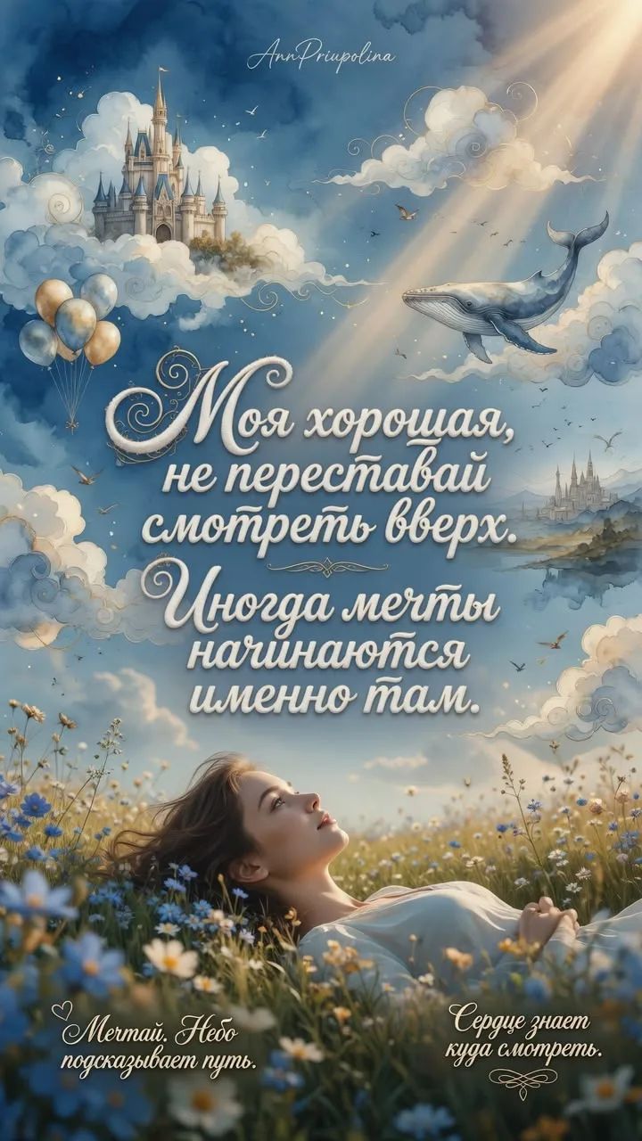 AnnPriupolina
Моя хорошая, не переставай смотреть вверх. Иногда мечты начинаются именно там.
Мечтай. Небо подсказывает путь.
Сердце знает куда смотреть.