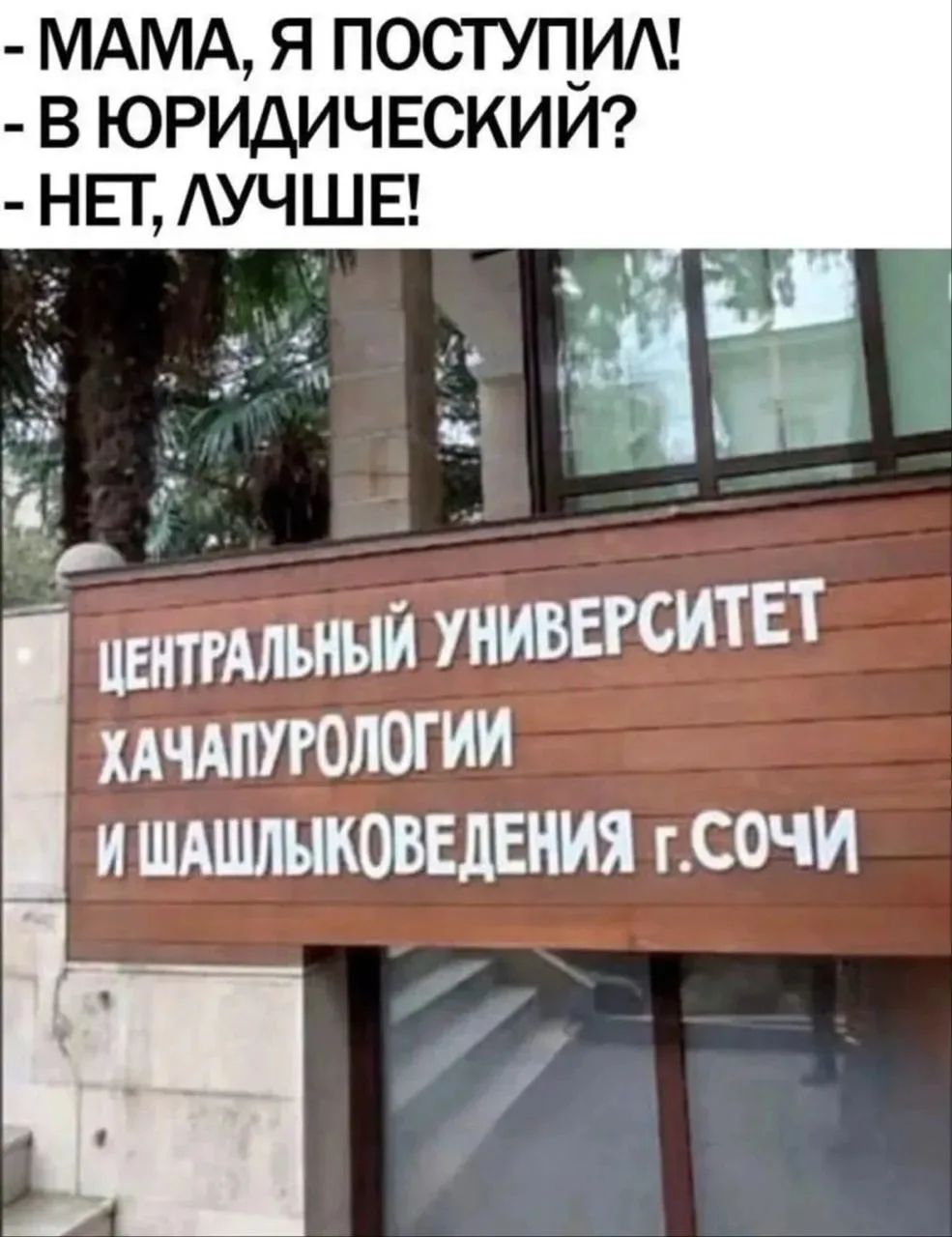 МАМА, Я ПОСТУПИЛ!
- В ЮРИДИЧЕСКИЙ?
- НЕТ, ЛУЧШЕ!
ЦЕНТРАЛЬНЫЙ УНИВЕРСИТЕТ ХАЧАПУРОЛОГИИ И ШАШЛЫКОВЕДЕНИЯ Г.СОЧИ