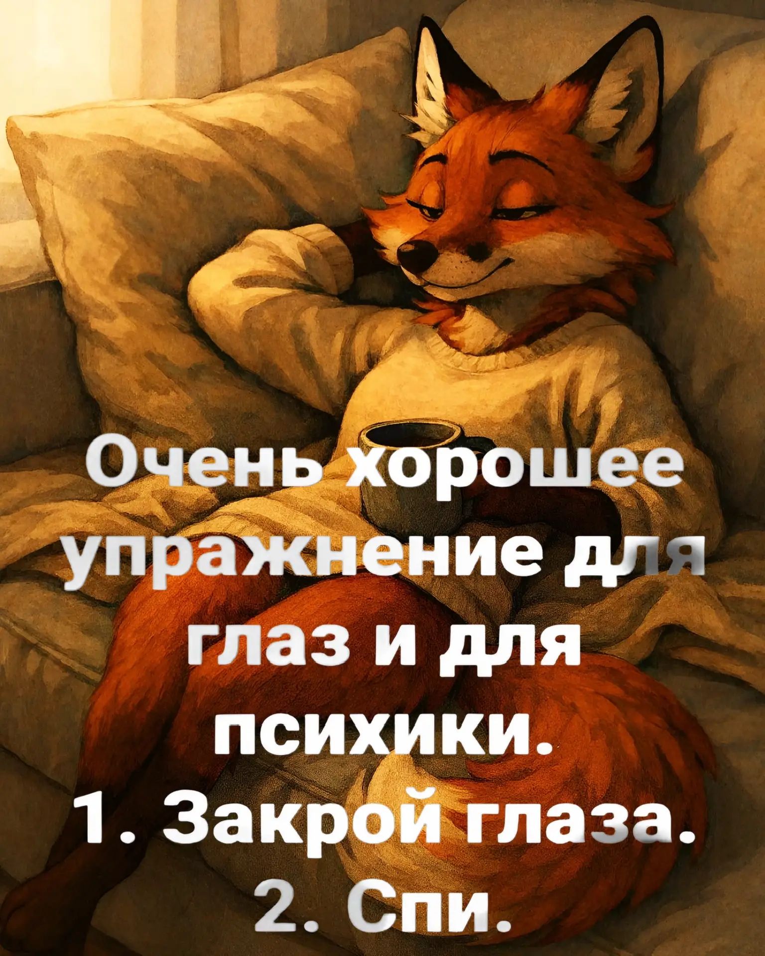 Очень хорошее упражнение для глаз и для психики. 1. Закрой глаза. 2. Спи.