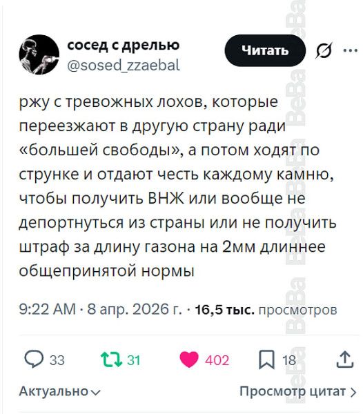 ржу с тревожных лохов, которые переезжают в другую страну ради «большей свободы», а потом ходят по струнке и отдают честь каждому камню, чтобы получить ВНЖ или вообще не депортнуться из страны или не получить штраф за длину газона на 2мм длиннее общепринятой нормы