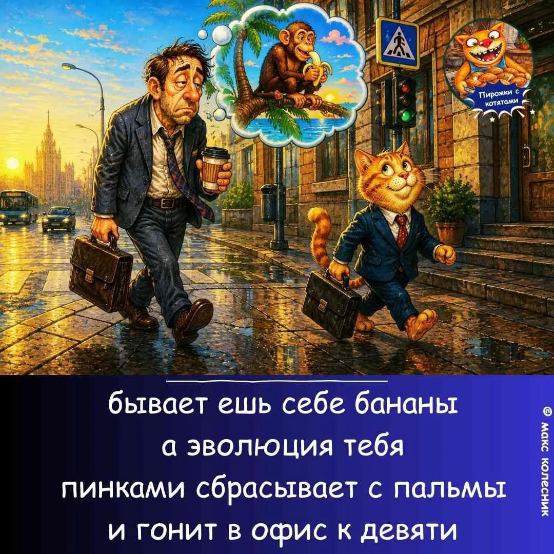 Пирожки с котятами бывает ешь себе бананы а эволюция тебя пинками сбрасывает с пальмы и гонит в офис к девяти