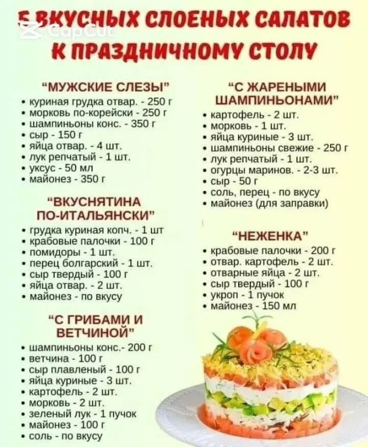 5 ВКУСНЫХ СЛОЕНЫХ САЛАТОВ К ПРАЗДНИЧНОМУ СТОЛУ. МУЖСКИЕ СЛЕЗЫ: куриная грудка отвар. - 250 г, морковь по-корейски - 250 г, шампиньоны конс. - 350 г, сыр - 150 г, яйца отвар. - 4 шт., лук репчатый - 1 шт., уксус - 50 мл, майонез - 350 г. С ЖАРЕНЫМИ ШАМПИНЬОНАМИ: картофель - 2 шт., морковь - 1 шт., яйца куриные - 3 шт., шампиньоны свежие - 250 г,