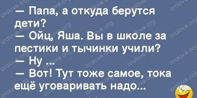 Папа, а откуда берутся дети? Ойц, Яша. Вы в школе за пестики и тычинки учили? Ну... Вот! Тут тоже самое, тока ещё уговаривать надо...