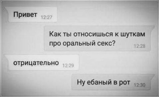 Привет. Как ты относишься к шуткам про оральный секс? Отрицательно. Ну ебаный в рот.