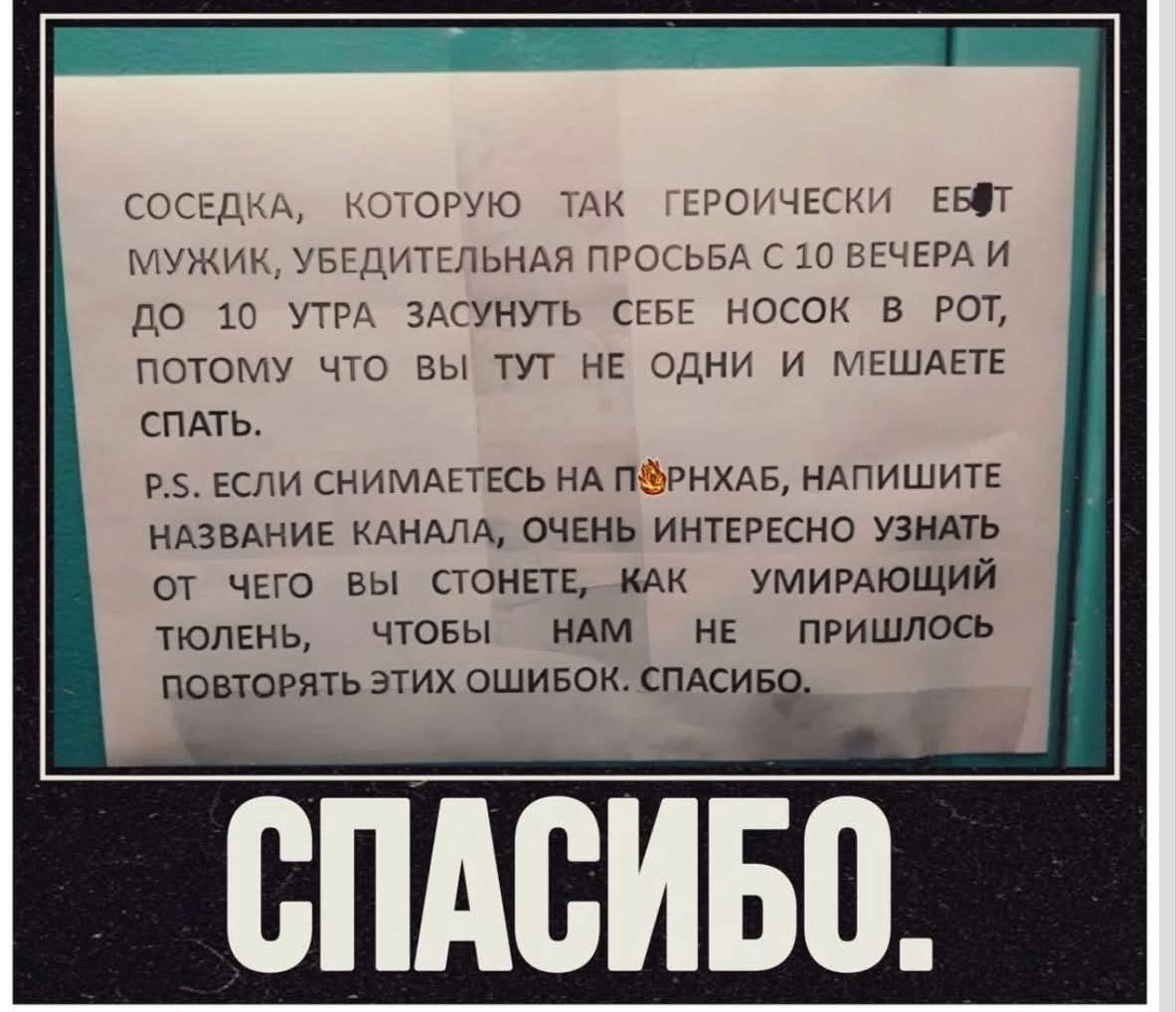 СОСЕДКА, КОТОРУЮ ТАК ГЕРОИЧЕСКИ ЕБ*Т МУЖИК, УБЕДИТЕЛЬНАЯ ПРОСЬБА С 10 ВЕЧЕРА И ДО 10 УТРА ЗАСУНУТЬ СЕБЕ НОСОК В РОТ, ПОТОМУ ЧТО ВЫ ТУТ НЕ ОДНИ И МЕШАЕТЕ СПАТЬ. P.S. ЕСЛИ СНИМАЕТЕСЬ НА ПОРНХАБ, НАПИШИТЕ НАЗВАНИЕ КАНАЛА, ОЧЕНЬ ИНТЕРЕСНО УЗНАТЬ ОТ ЧЕГО ВЫ СТОНЕТЕ, КАК УМИРАЮЩИЙ ТЮЛЕНЬ, ЧТОБЫ НАМ НЕ ПРИШЛОСЬ ПОВТОРЯТЬ ЭТИХ ОШИБОК. СПАСИБО. СПАСИБО.
