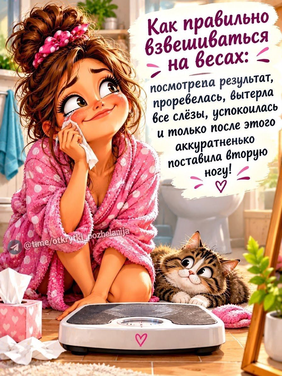 Как правильно взвешиваться на весах: посмотрела результат, проревелась, вытерла все слёзы, успокоилась и только после этого аккуратненько поставила вторую ногу! @t.me/otkrytki_pozhelanija