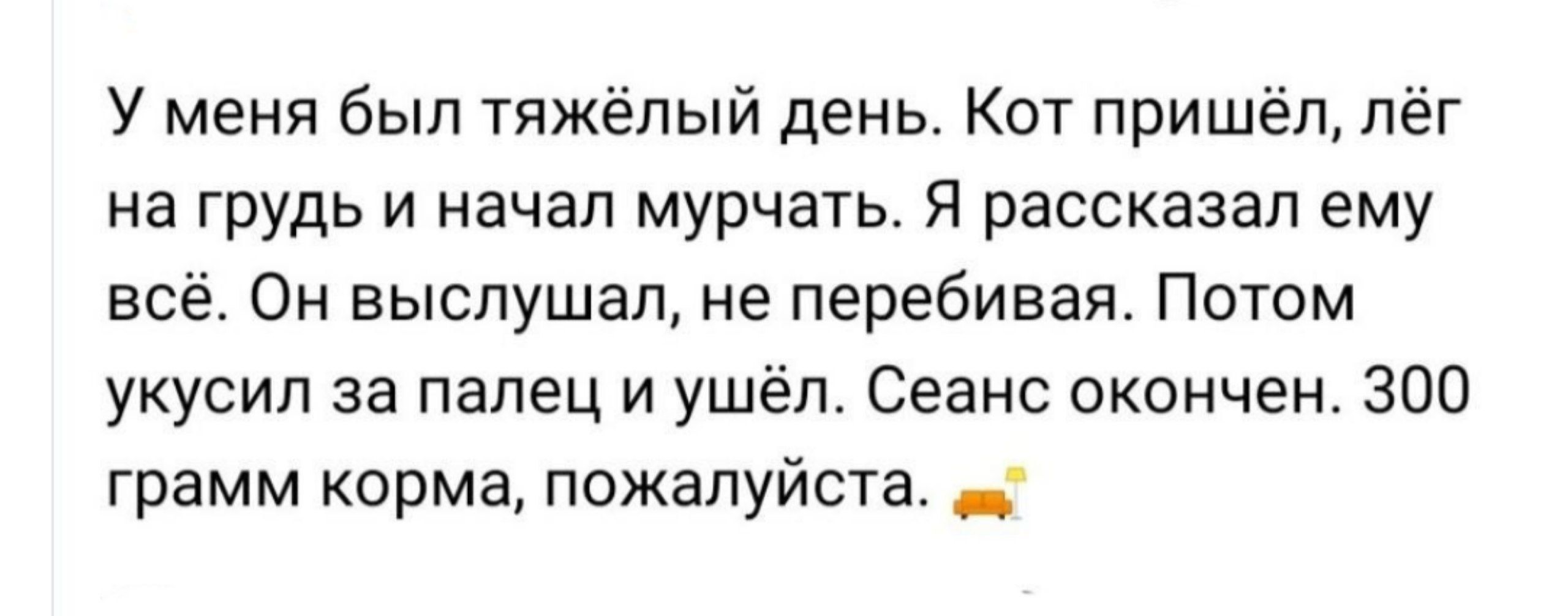 У меня был тяжёлый день. Кот пришёл, лёг на грудь и начал мурчать. Я рассказал ему всё. Он выслушал, не перебивая. Потом укусил за палец и ушёл. Сеанс окончен. 300 грамм корма, пожалуйста.