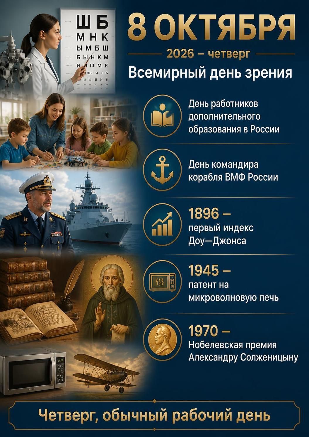 8 октября 2026 – четверг. Всемирный день зрения. День работников дополнительного образования в России. День командира корабля ВМФ России. 1896 – первый индекс Доу-Джонса. 1945 – патент на микроволновую печь. 1970 – Нобелевская премия Александру Солженицыну. Четверг, обычный рабочий день