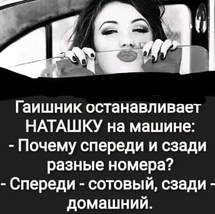 ГАИШНИК останавливает НАТАШКУ на машине: - Почему спереди и сзади разные номера? - Спереди - сотовый, сзади - домашний.