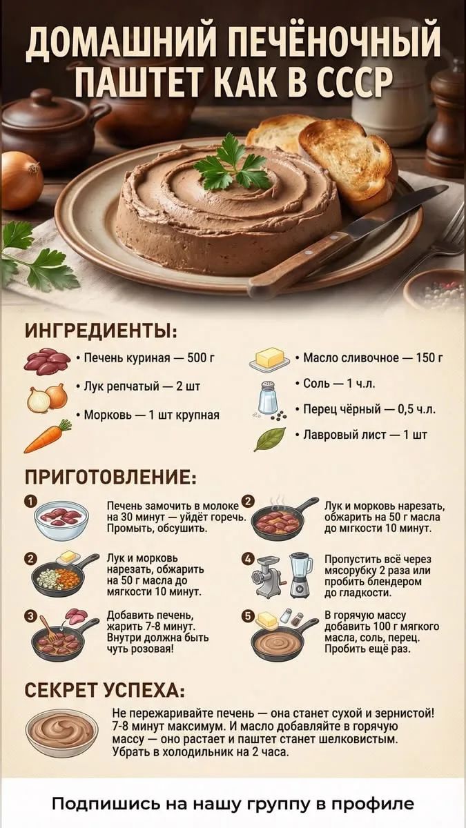 ДОМАШНИЙ ПЕЧЁНОЧНЫЙ ПАШТЕТ КАК В СССР ИНГРЕДИЕНТЫ: Печень куриная — 500 г, Лук репчатый — 2 шт, Морковь — 1 шт крупная, Масло сливочное — 150 г, Соль — 1 ч.л., Перец чёрный — 0,5 ч.л., Лавровый лист — 1 шт. ПРИГОТОВЛЕНИЕ: 1. Печень замочить в молоке на 30 минут — уйдёт горечь. Промыть, обсушить. 2. Лук и морковь нарезать, обжарить на 50 г масла до
