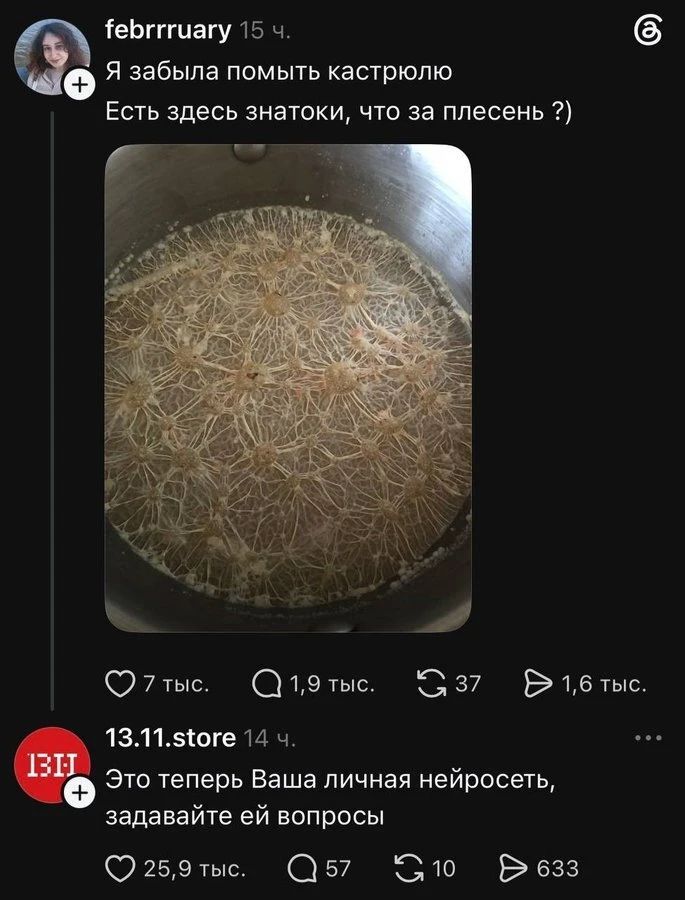 Я забыла помыть кастрюлю. Есть здесь знатоки, что за плесень ?) Это теперь Ваша личная нейросеть, задавайте ей вопросы.
