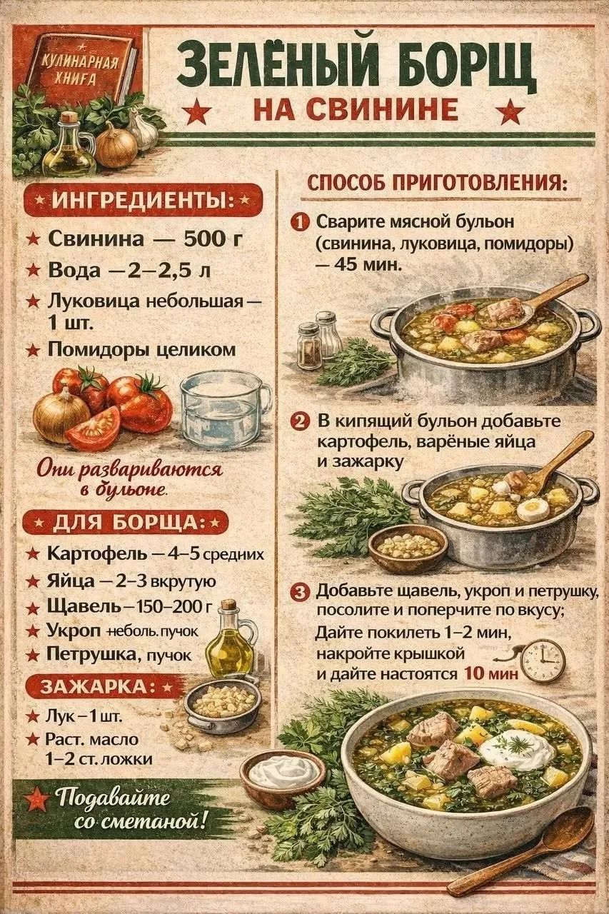 КУЛИНАРНАЯ КНИГА. ЗЕЛЕНЫЙ БОРЩ НА СВИНИНЕ. ИНГРЕДИЕНТЫ: Свинина — 500 г. Вода — 2–2,5 л. Луковица небольшая — 1 шт. Помидоры целиком. Они развариваются в бульоне. ДЛЯ БОРЩА: Картофель — 4–5 средних. Яйца — 2–3 вкрутую. Щавель — 150–200 г. Укроп небольш. пучок. Петрушка, пучок. ЗАЖАРКА: Лук — 1 шт. Раст. масло 1–2 ст. ложки. СПОСОБ ПРИГОТОВЛЕНИЯ: