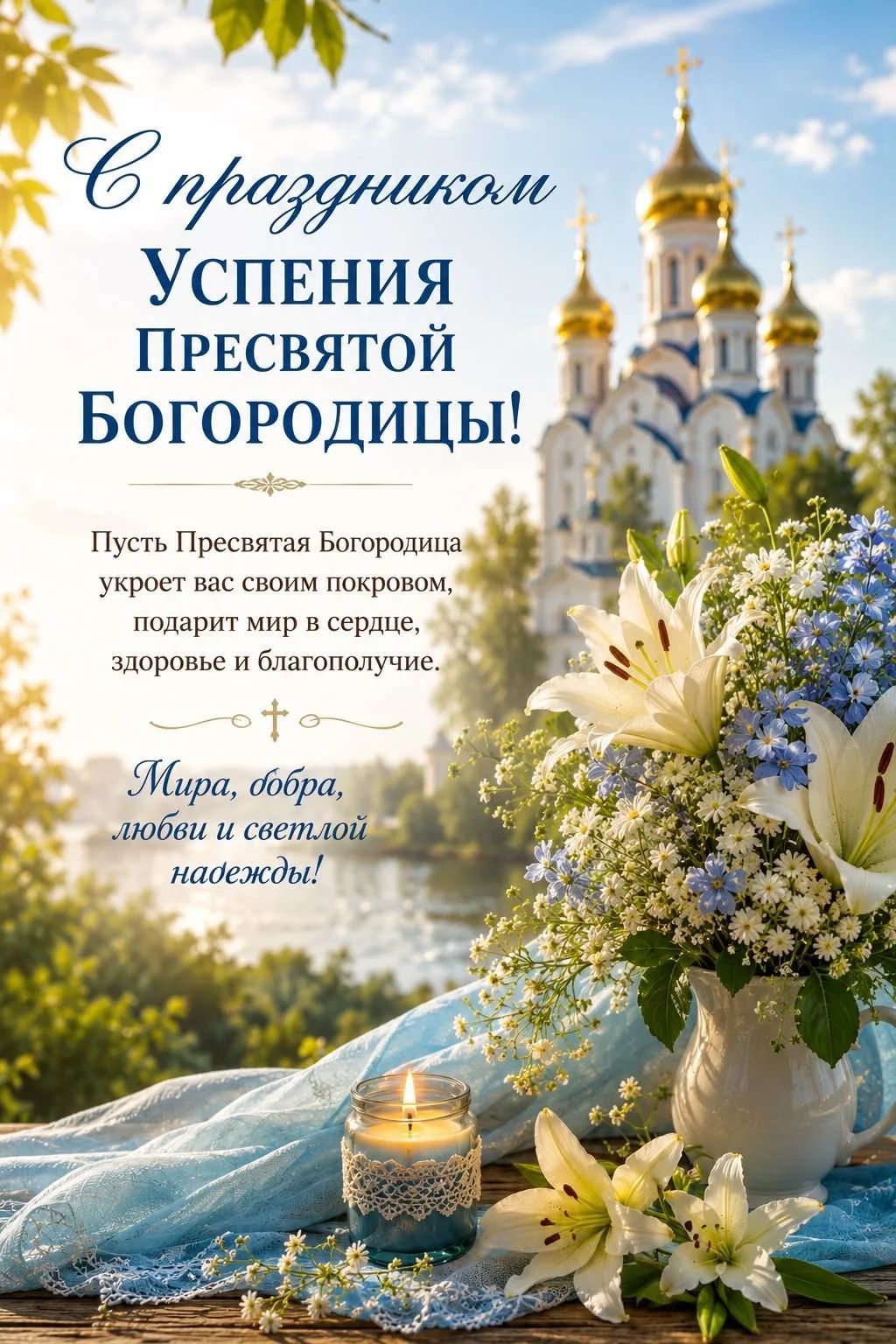 С праздником Успения Пресвятой Богородицы! Пусть Пресвятая Богородица укроет вас своим покровом, подарит мир в сердце, здоровье и благополучие. Мира, добра, любви и светлой надежды!