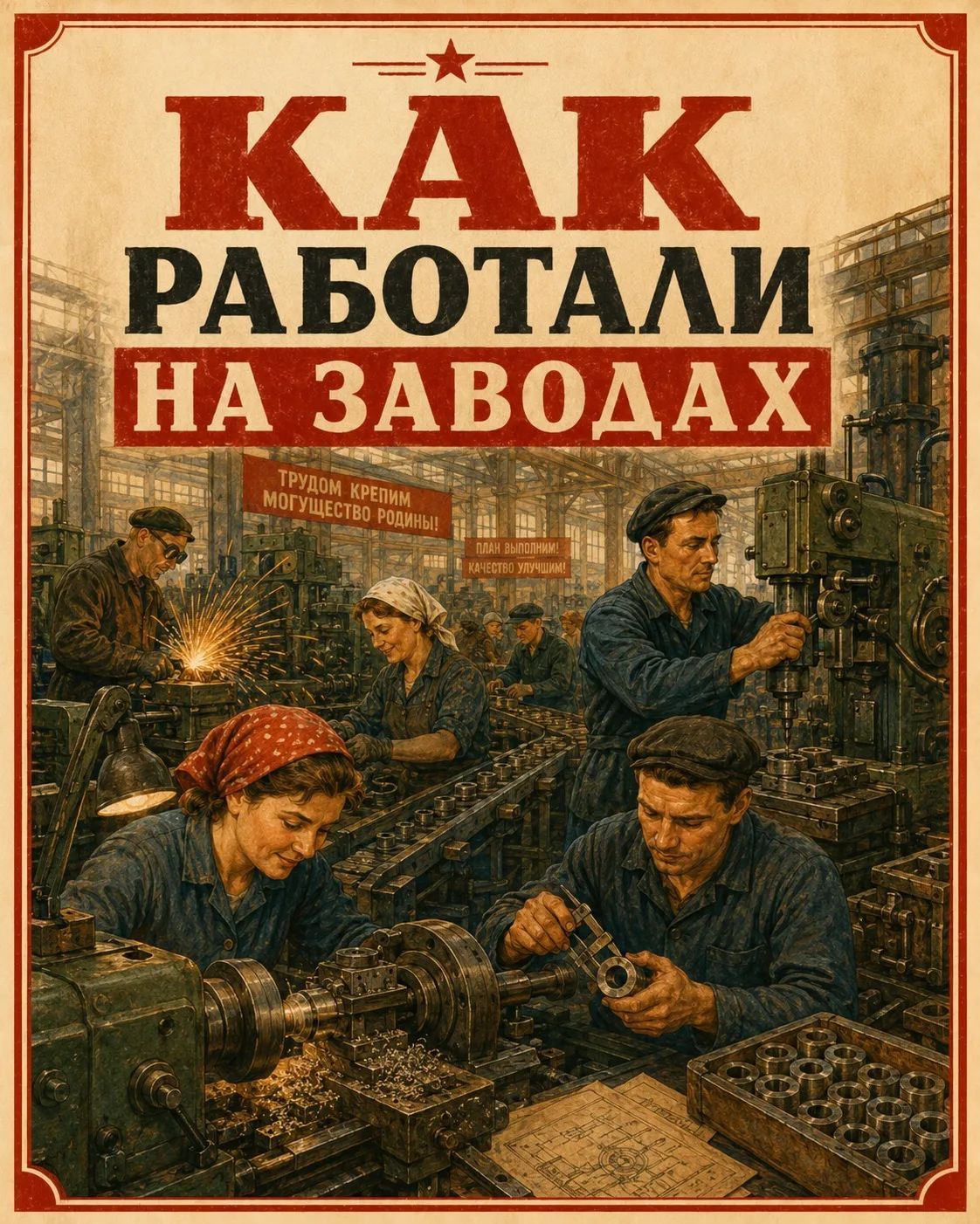 КАК РАБОТАЛИ НА ЗАВОДАХ. ТРУДОМ КРЕПИМ МОГУЩЕСТВО РОДИНЫ! ПЛАН ВЫПОЛНИМ! КАЧЕСТВО УЛУЧШИМ!